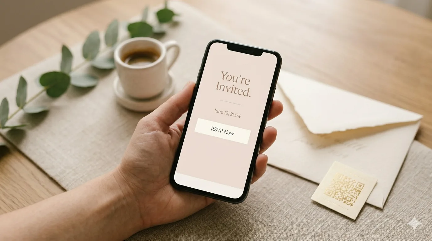 Hand holding a phone displaying a You're Invited RSVP form on a wooden table with eucalyptus and a coffee cup
