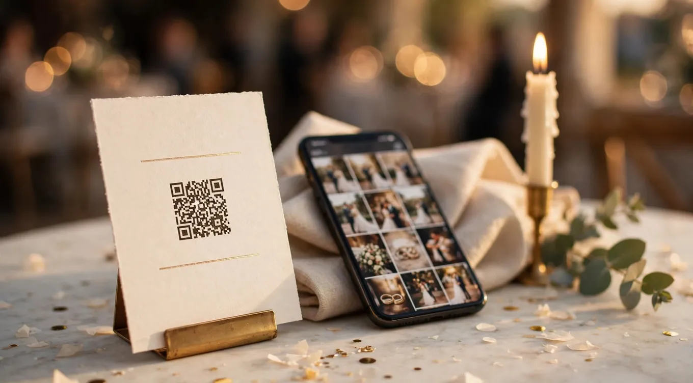 بطاقة QR مطبوعة في حامل نحاسي على طاولة في حفل زفاف، بجوارها هاتف يعرض شبكة من صور الضيوف، مع شمعة وأغصان أوكالبتوس في ضوء ذهبي
