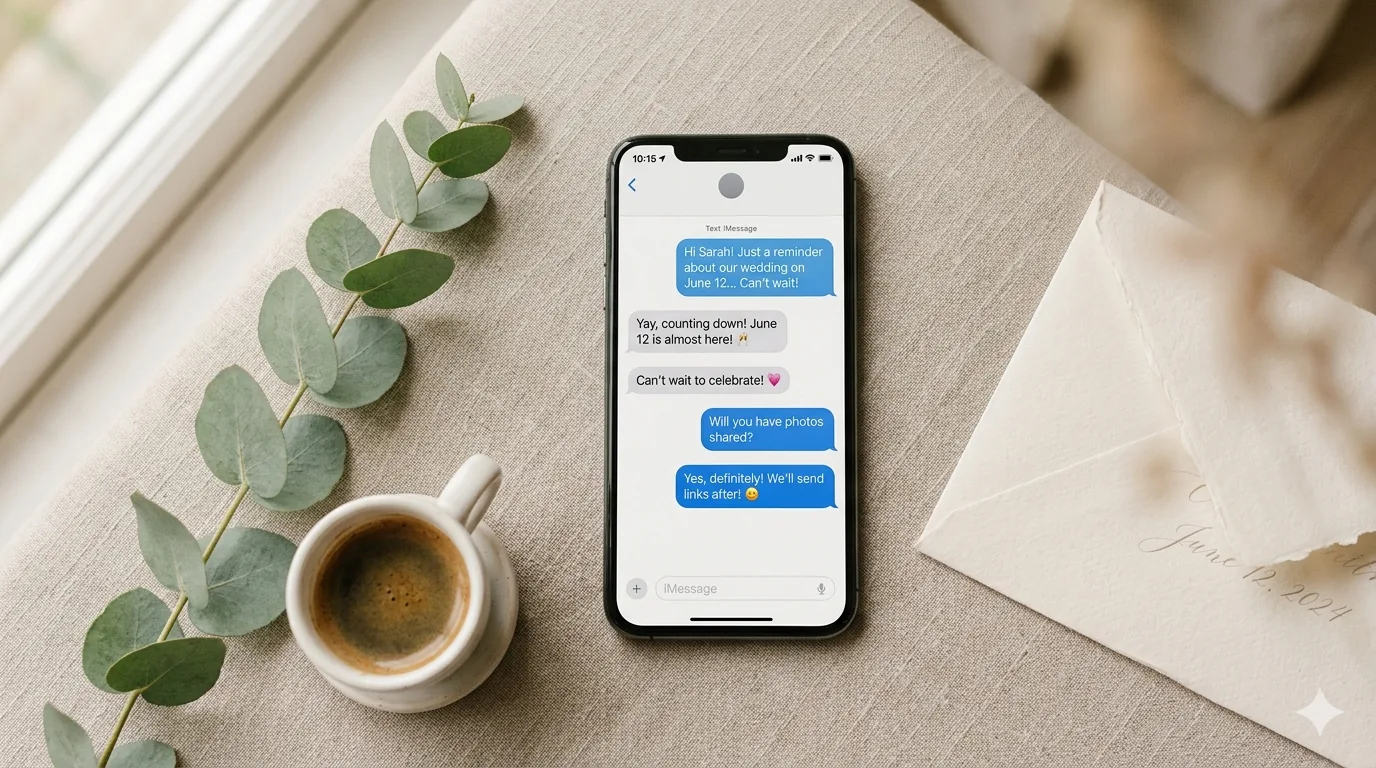 Phone showing RSVP reminder text message thread on a wooden desk with eucalyptus and coffee