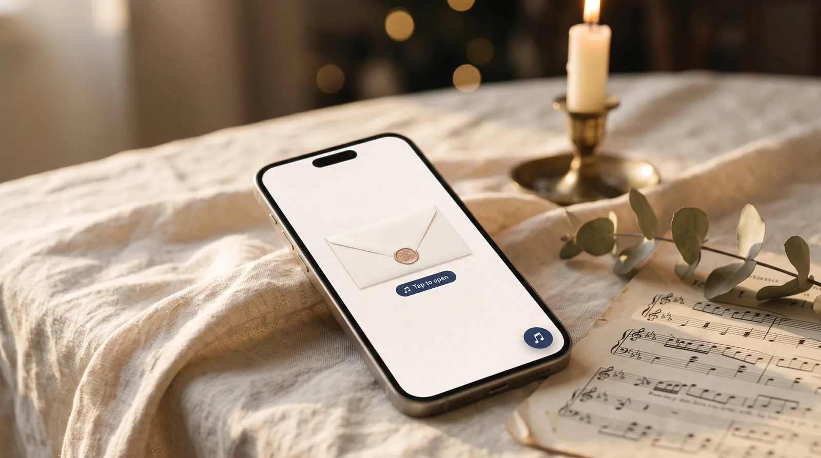 Ein Handy auf einer Leinentischdecke zeigt einen versiegelten Hochzeitsumschlag mit einer Schaltfläche zum Öffnen und einer Musiknote, daneben Klaviernoten, Eukalyptus und eine Kerze
