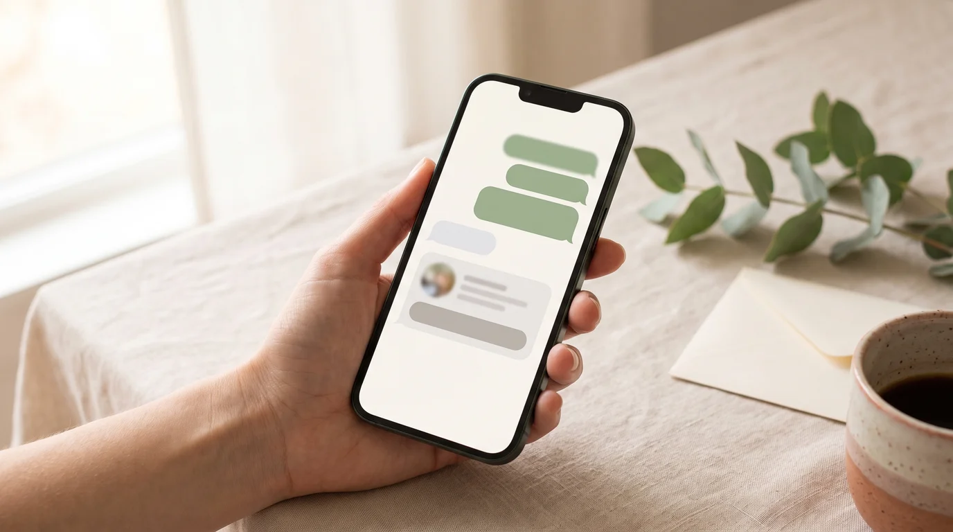A hand holding a phone showing a chat conversation with a tappable RSVP invitation card, on a linen tablecloth with eucalyptus and an envelope