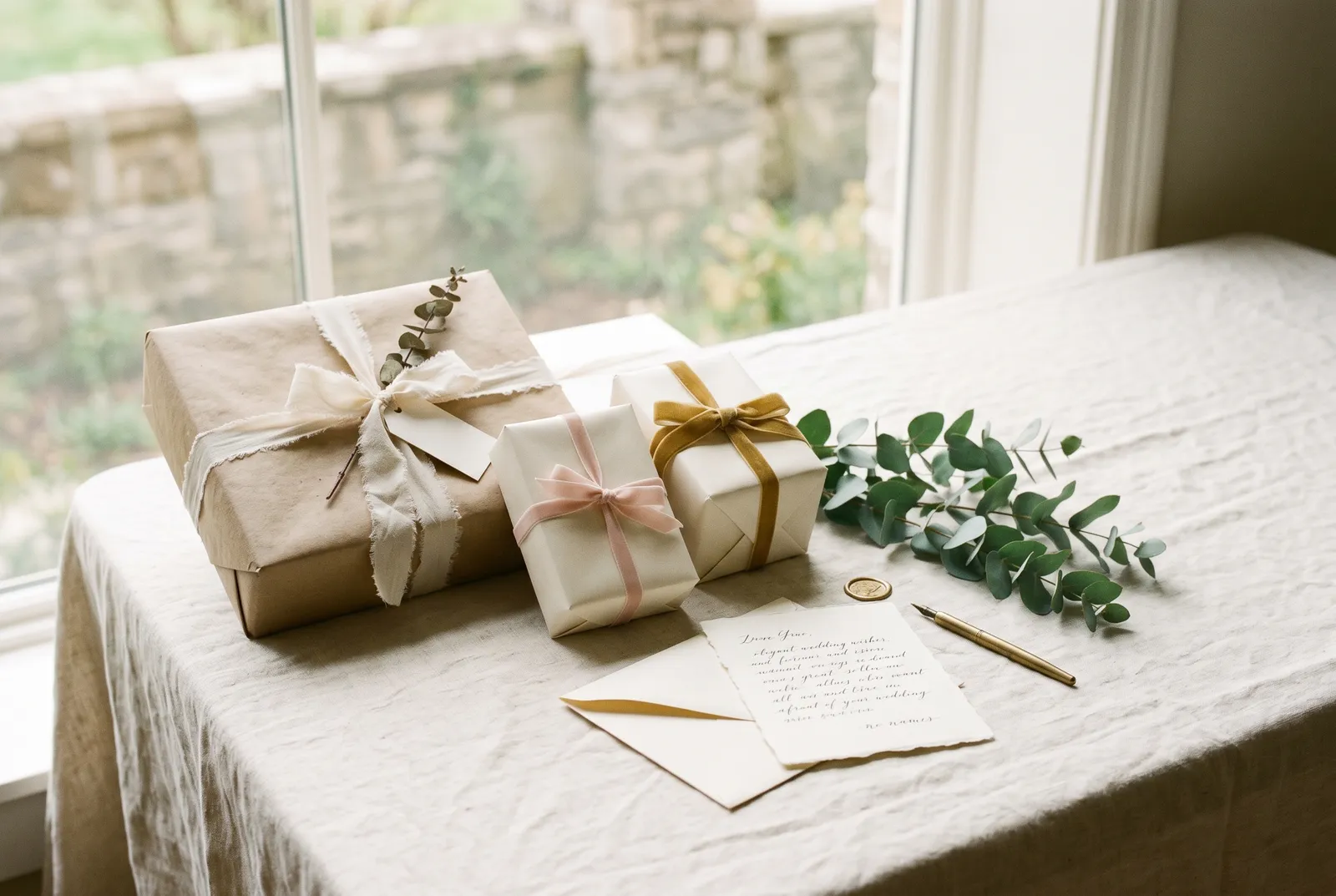 Elegantly wrapped wedding gifts with eucalyptus, a wax-sealed note and a gold pen on a linen table in soft window light