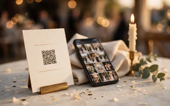 A printed QR card on a wedding reception table beside a phone showing a grid of guest photos, with a candle, eucalyptus and string lights in golden-hour light