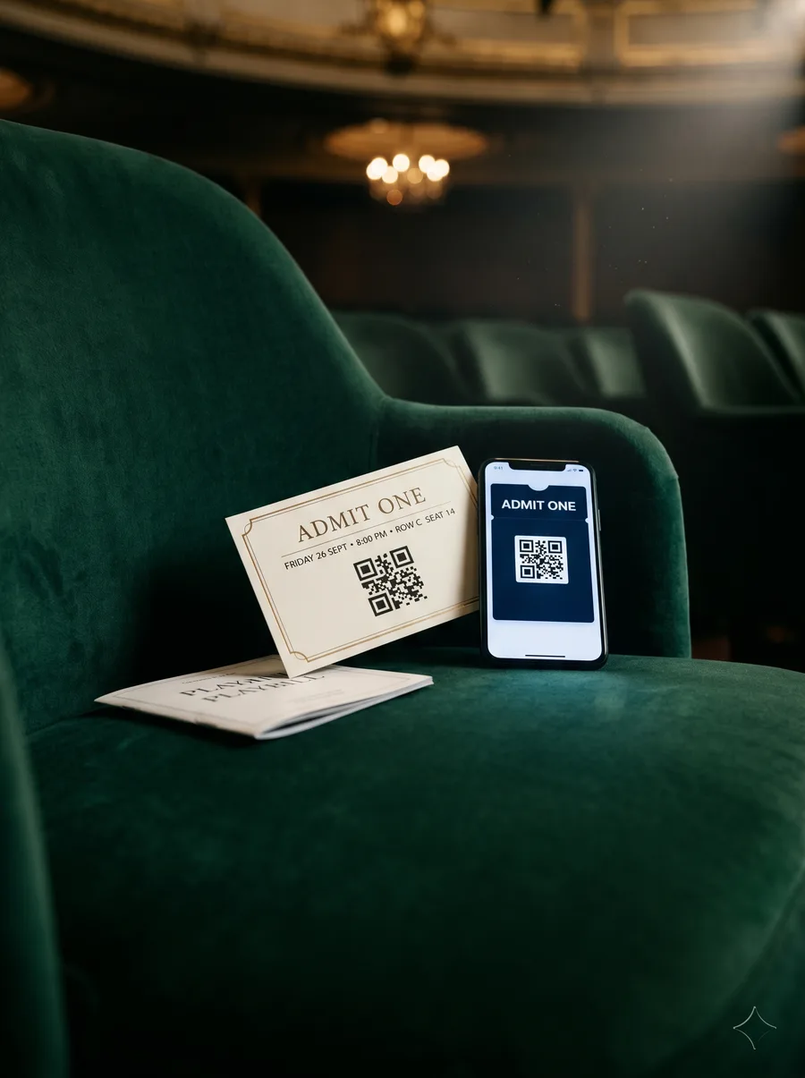 כרטיס מודפס וטלפון עם קוד QR תואם על כיסא תיאטרון בקטיפה ירוקה אמרלד, עם נברשת ושורות כיסאות מטושטשות ברקע