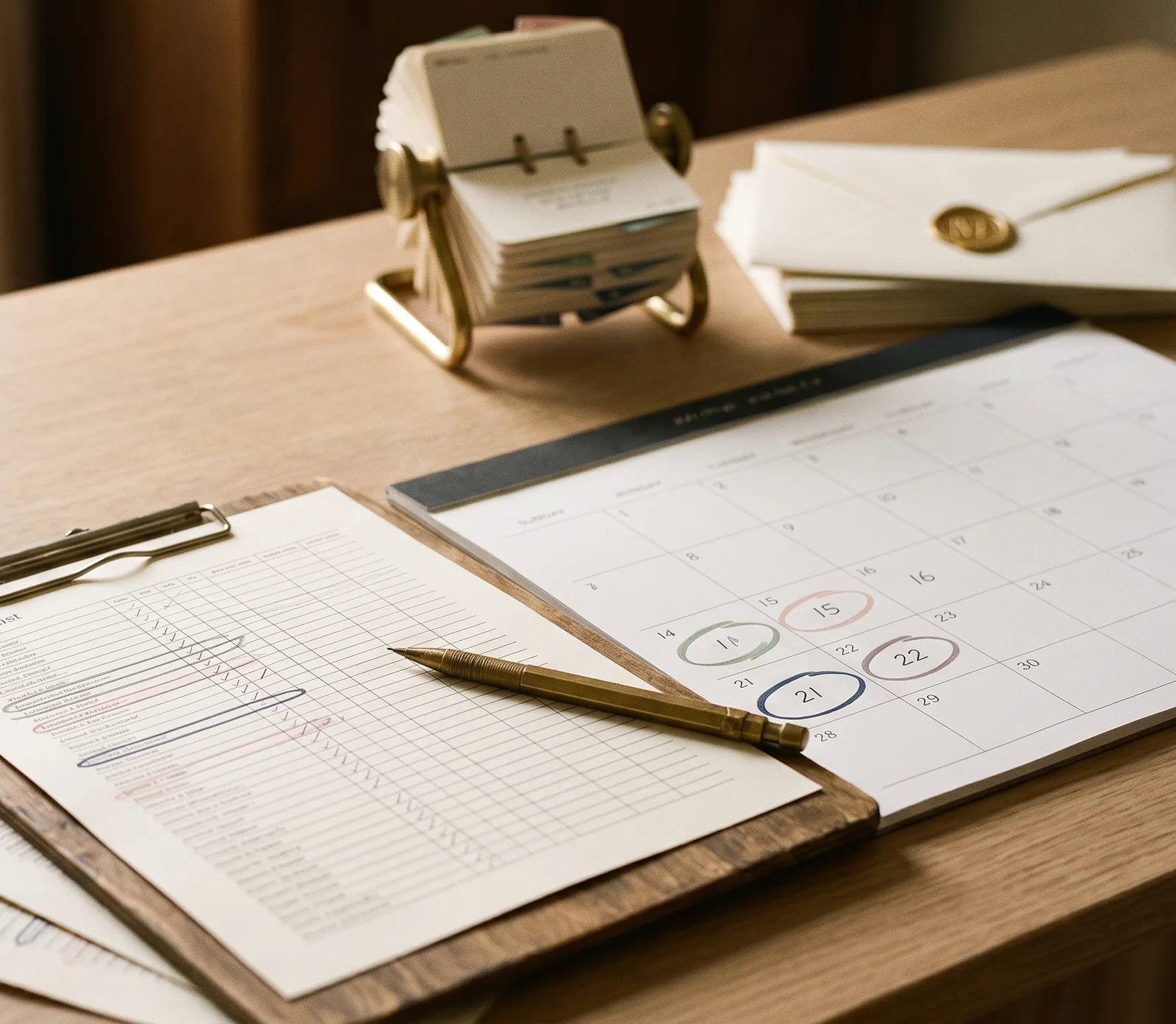 A planner's desk: a clipboard of guest lists, wax-sealed envelopes, and a month calendar with four dates ringed in four different colours.
