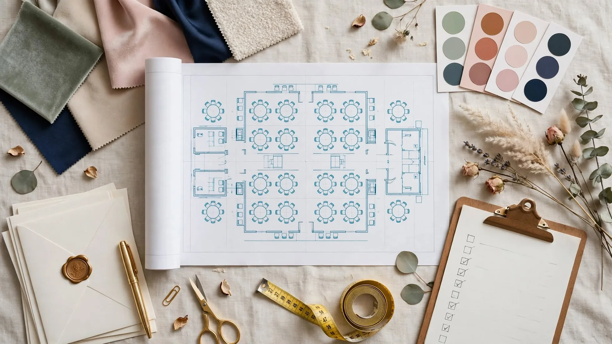 A planner's worktable seen from above: a venue seating plan rolled out across it, colourway cards fanned to one side, a checklist on a clipboard and a wax-sealed envelope.