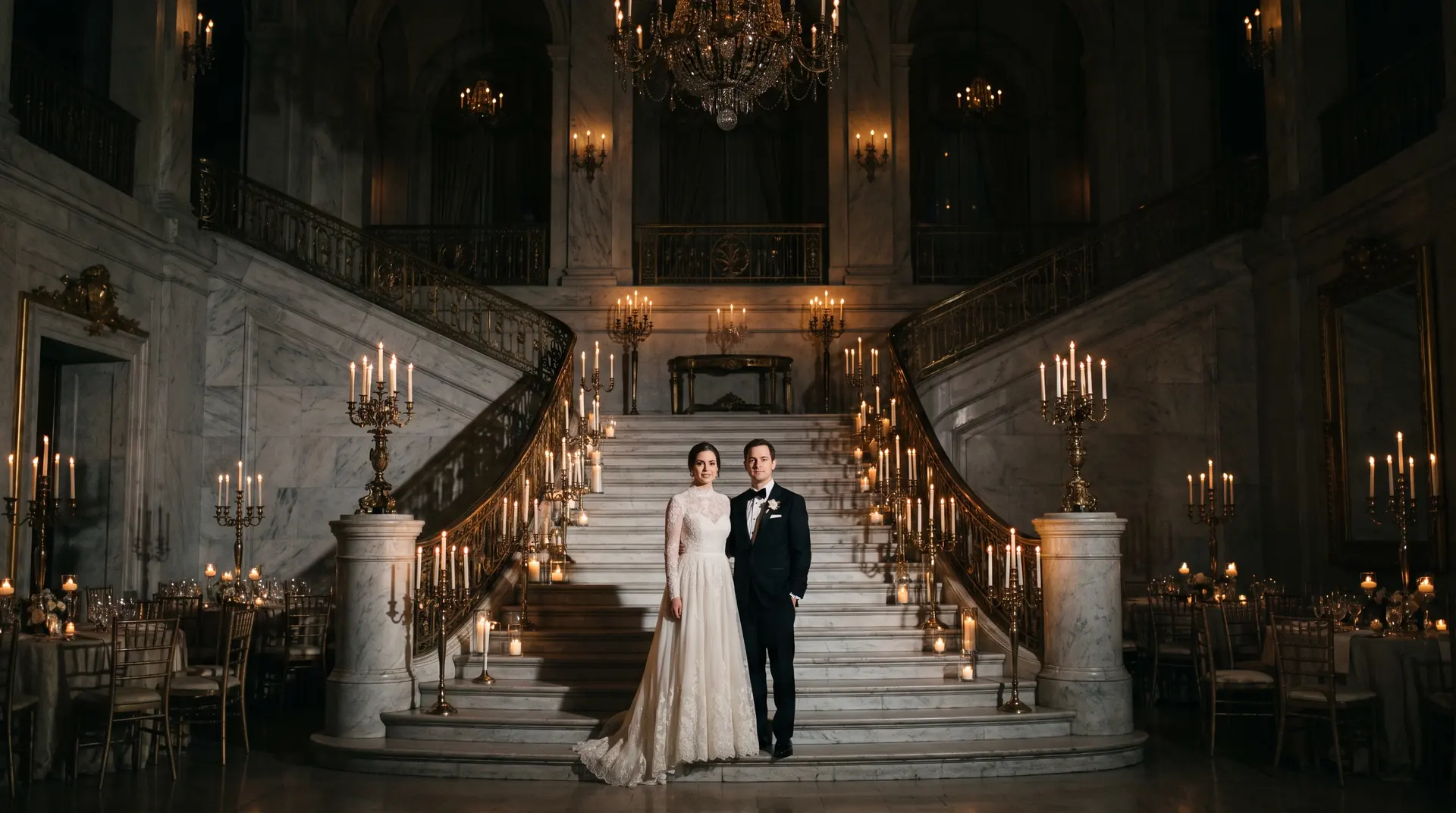 A couple on a candlelit marble staircase