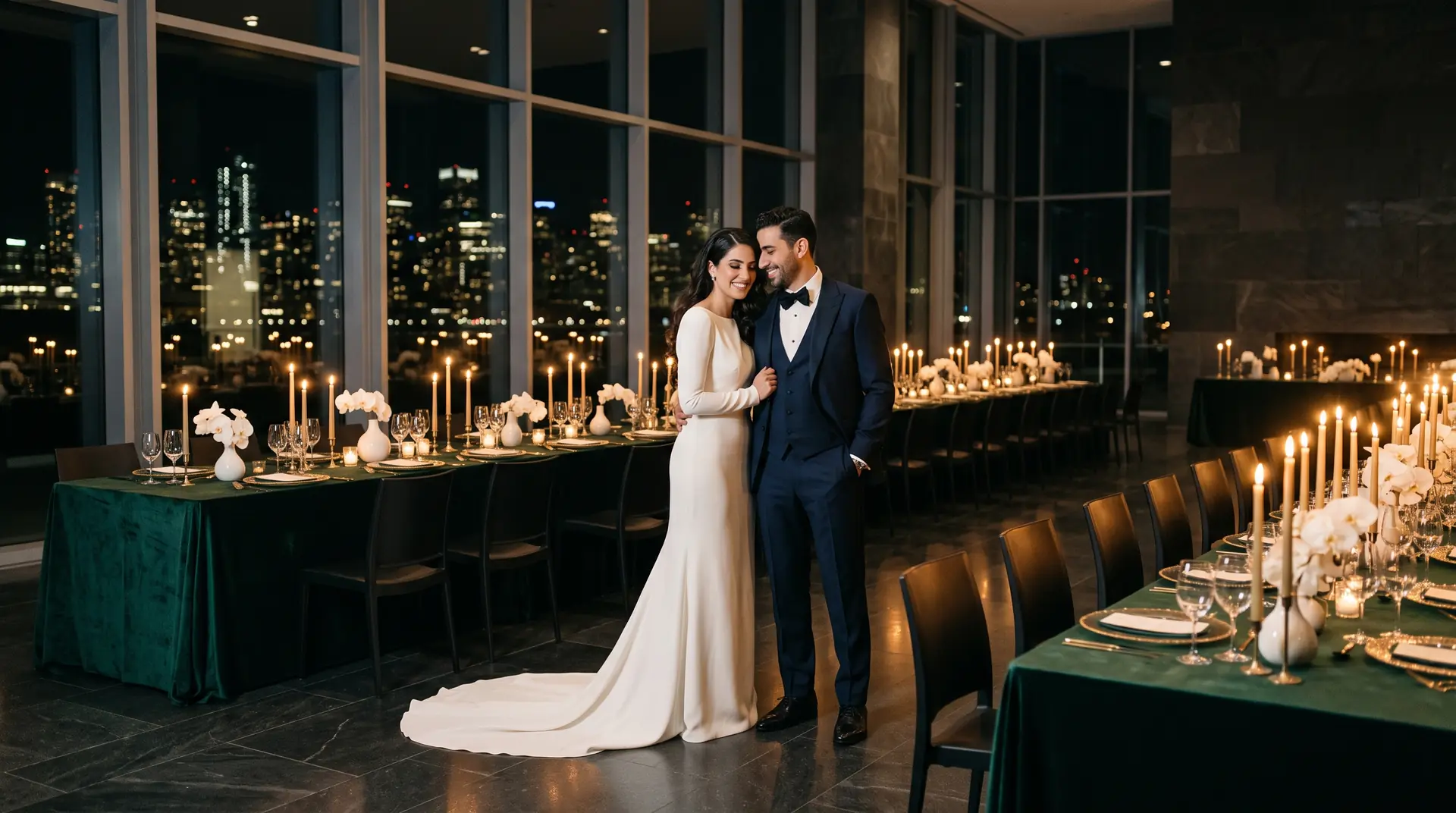 A couple in a candlelit emerald and gold hall
