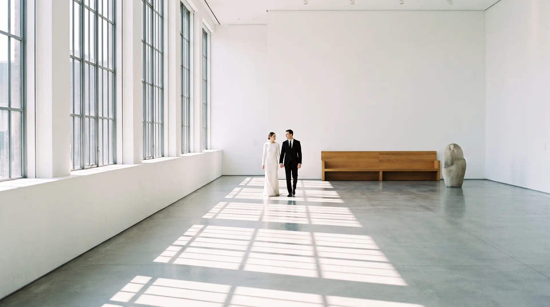 A couple in a sunlit white gallery