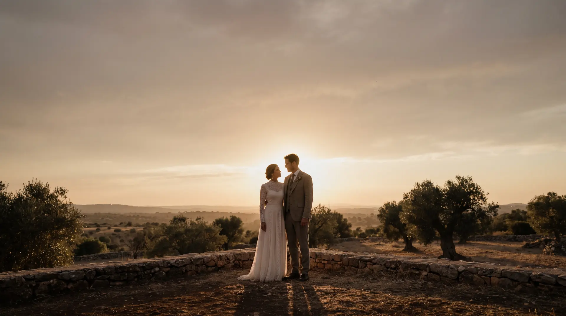 A couple against a sunset over olive groves